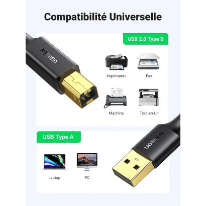 Câble Imprimante USB 2.0 A mâle/B mâle - 2m - Noir